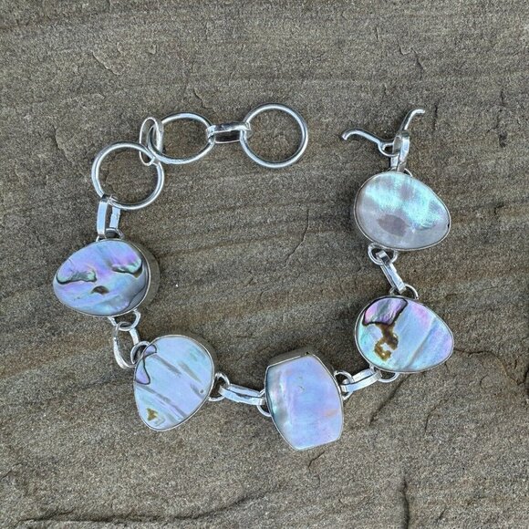 VTG Link Bracelet Size 7.5 MOP Shell Teardrop Cabs 925 Sterling Silver 21.5g - Picture 1 of 12